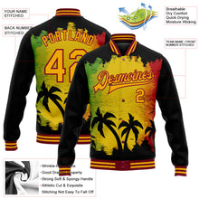 Laden Sie das Bild in den Galerie-Viewer, Uksn Individuelles Bomberjacke in Schwarz-Gold-Karmesinrot mit 3D-Hawaii-Palmen-Design zum Black History Month, Druckknopfleiste und Varsity-Letterman-Stil
