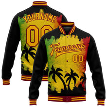 Laden Sie das Bild in den Galerie-Viewer, Uksn Individuelles Bomberjacke in Schwarz-Gold-Karmesinrot mit 3D-Hawaii-Palmen-Design zum Black History Month, Druckknopfleiste und Varsity-Letterman-Stil
