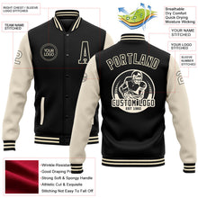Laden Sie das Bild in den Galerie-Viewer, Uksn Individuelles Bomberjacke in Schwarz-Creme mit Druckknopfleiste, Zweifarben-Design und Varsity-Letterman-Stil
