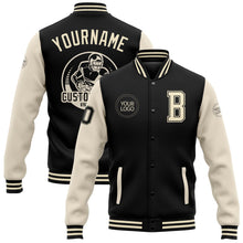 Laden Sie das Bild in den Galerie-Viewer, Uksn Individuelles Bomberjacke in Schwarz-Creme mit Druckknopfleiste, Zweifarben-Design und Varsity-Letterman-Stil
