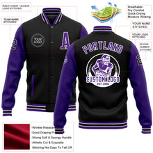 Laden Sie das Bild in den Galerie-Viewer, Uksn Individuelles Bomberjacke in Schwarz-Violett-Weiß mit Druckknopfleiste, Zweifarben-Design und Varsity-Letterman-Stil
