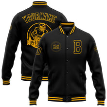 Laden Sie das Bild in den Galerie-Viewer, Uksn Individuelles Bomberjacke in Schwarz-Gold mit Druckknopfleiste und Varsity-Letterman-Stil
