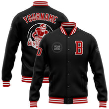 Laden Sie das Bild in den Galerie-Viewer, Uksn Individuelles Bomberjacke in Schwarz-Rot-Weiß mit Druckknopfleiste und Varsity-Letterman-Stil
