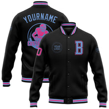 Laden Sie das Bild in den Galerie-Viewer, Uksn Individuelles Bomberjacke in Schwarz-Hellblau-Pink mit Druckknopfleiste und Varsity-Letterman-Stil

