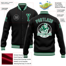 Laden Sie das Bild in den Galerie-Viewer, Uksn Individuelles Bomberjacke in Schwarz-Kelly-Grün-Weiß mit Druckknopfleiste und Varsity-Letterman-Stil
