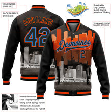Laden Sie das Bild in den Galerie-Viewer, Uksn Individuelles Bomberjacke in Schwarz-Puderblau-Orange mit 3D-Miami-Florida-City-Edition, Druckknopfleiste und Varsity-Letterman-Stil

