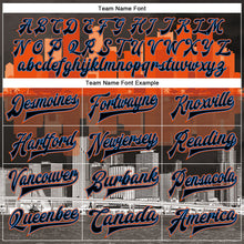 Laden Sie das Bild in den Galerie-Viewer, Uksn Individuelles Bomberjacke in Schwarz-Puderblau-Orange mit 3D-Miami-Florida-City-Edition, Druckknopfleiste und Varsity-Letterman-Stil
