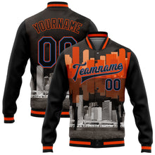 Laden Sie das Bild in den Galerie-Viewer, Uksn Individuelles Bomberjacke in Schwarz-Puderblau-Orange mit 3D-Miami-Florida-City-Edition, Druckknopfleiste und Varsity-Letterman-Stil
