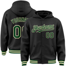 Laden Sie das Bild in den Galerie-Viewer, Uksn Individuelles Bomberjacke in Schwarz-Grün-Creme mit Druckknopfleiste, Kapuze und Varsity-Letterman-Stil

