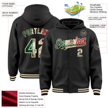 Laden Sie das Bild in den Galerie-Viewer, Uksn Individuelles Bomberjacke in Schwarz-Creme mit Vintage-Mexiko-Flagge, Druckknopfleiste, Kapuze und Varsity-Letterman-Stil
