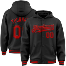Laden Sie das Bild in den Galerie-Viewer, Uksn Individuelles Bomberjacke in Schwarz-Rot mit Druckknopfleiste, Kapuze und Varsity-Letterman-Stil
