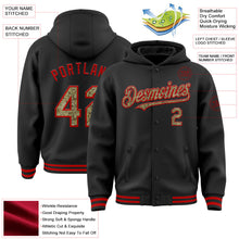 Laden Sie das Bild in den Galerie-Viewer, Uksn Individuelles Bomberjacke in Schwarz-Camouflage-Rot mit Druckknopfleiste, Kapuze und Varsity-Letterman-Stil
