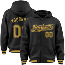 Laden Sie das Bild in den Galerie-Viewer, Uksn Individuelles Bomberjacke in Schwarz-Altgold mit Druckknopfleiste, Kapuze und Varsity-Letterman-Stil
