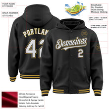 Laden Sie das Bild in den Galerie-Viewer, Uksn Individuelles Bomberjacke in Schwarz-Weiß-Altgold mit Druckknopfleiste, Kapuze und Varsity-Letterman-Stil
