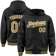 Laden Sie das Bild in den Galerie-Viewer, Uksn Individuelles Bomberjacke in Schwarz-Altgold-Weiß mit Druckknopfleiste, Kapuze und Varsity-Letterman-Stil

