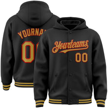 Laden Sie das Bild in den Galerie-Viewer, Uksn Individuelles Bomberjacke in Schwarz-Altgold-Rot mit Druckknopfleiste, Kapuze und Varsity-Letterman-Stil
