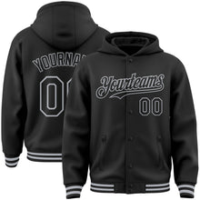 Laden Sie das Bild in den Galerie-Viewer, Uksn Individuelles Bomberjacke in Schwarz-Grau mit Druckknopfleiste, Kapuze und Varsity-Letterman-Stil
