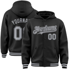 Laden Sie das Bild in den Galerie-Viewer, Uksn Individuelles Bomberjacke in Schwarz-Grau mit Druckknopfleiste, Kapuze und Varsity-Letterman-Stil
