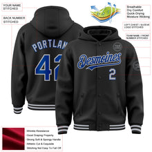 Laden Sie das Bild in den Galerie-Viewer, Uksn Individuelles Bomberjacke in Schwarz-Royalblau-Grau mit Druckknopfleiste, Kapuze und Varsity-Letterman-Stil
