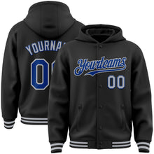 Laden Sie das Bild in den Galerie-Viewer, Uksn Individuelles Bomberjacke in Schwarz-Royalblau-Grau mit Druckknopfleiste, Kapuze und Varsity-Letterman-Stil
