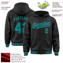 Laden Sie das Bild in den Galerie-Viewer, Uksn Individuelles Bomberjacke in Schwarz-Petrol mit Druckknopfleiste, Kapuze und Varsity-Letterman-Stil
