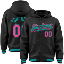Laden Sie das Bild in den Galerie-Viewer, Uksn Individuelles Bomberjacke in Schwarz-Pink-Petrol mit Druckknopfleiste, Kapuze und Varsity-Letterman-Stil
