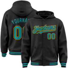 Laden Sie das Bild in den Galerie-Viewer, Uksn Individuelles Bomberjacke in Schwarz-Petrol-Gelb mit Druckknopfleiste, Kapuze und Varsity-Letterman-Stil

