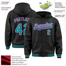 Laden Sie das Bild in den Galerie-Viewer, Uksn Individuelles Bomberjacke in Schwarz-Petrol-Violett mit Druckknopfleiste, Kapuze und Varsity-Letterman-Stil
