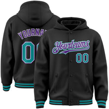 Laden Sie das Bild in den Galerie-Viewer, Uksn Individuelles Bomberjacke in Schwarz-Petrol-Violett mit Druckknopfleiste, Kapuze und Varsity-Letterman-Stil
