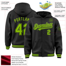 Laden Sie das Bild in den Galerie-Viewer, Uksn Individuelles Bomberjacke in Schwarz-Neongrün mit Druckknopfleiste, Kapuze und Varsity-Letterman-Stil
