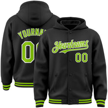 Laden Sie das Bild in den Galerie-Viewer, Uksn Individuelles Bomberjacke in Schwarz-Neongrün-Weiß mit Druckknopfleiste, Kapuze und Varsity-Letterman-Stil
