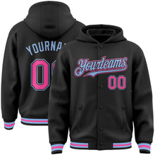 Laden Sie das Bild in den Galerie-Viewer, Uksn Individuelles Bomberjacke in Schwarz-Pink-Hellblau mit Druckknopfleiste, Kapuze und Varsity-Letterman-Stil
