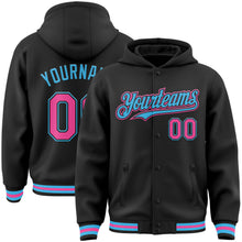 Laden Sie das Bild in den Galerie-Viewer, Uksn Individuelles Bomberjacke in Schwarz-Pink-Himmelblau mit Druckknopfleiste, Kapuze und Varsity-Letterman-Stil
