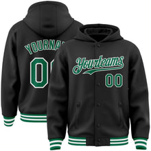 Laden Sie das Bild in den Galerie-Viewer, Uksn Individuelles Bomberjacke in Schwarz-Kelly-Grün-Weiß mit Druckknopfleiste, Kapuze und Varsity-Letterman-Stil
