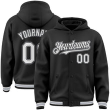 Laden Sie das Bild in den Galerie-Viewer, Uksn Individuelles Bomberjacke in Schwarz-Weiß-Grau mit Druckknopfleiste, Kapuze und Varsity-Letterman-Stil
