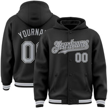 Laden Sie das Bild in den Galerie-Viewer, Uksn Individuelles Bomberjacke in Schwarz-Grau-Weiß mit Druckknopfleiste, Kapuze und Varsity-Letterman-Stil

