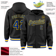 Laden Sie das Bild in den Galerie-Viewer, Uksn Individuelles Bomberjacke in Schwarz-Royalblau-Gelb mit Druckknopfleiste, Kapuze und Varsity-Letterman-Stil
