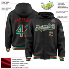 Laden Sie das Bild in den Galerie-Viewer, Uksn Individuelles Bomberjacke in Schwarz-Kelly-Grün-Rot mit Druckknopfleiste, Kapuze und Varsity-Letterman-Stil
