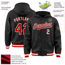 Laden Sie das Bild in den Galerie-Viewer, Uksn Individuelles Bomberjacke in Schwarz-Rot-Weiß mit Druckknopfleiste, Kapuze und Varsity-Letterman-Stil
