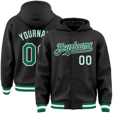 Laden Sie das Bild in den Galerie-Viewer, Uksn Individuelles Bomberjacke in Schwarz-Kelly-Grün-Weiß mit Druckknopfleiste, Kapuze und Varsity-Letterman-Stil

