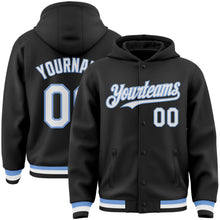 Laden Sie das Bild in den Galerie-Viewer, Uksn Individuelles Bomberjacke in Schwarz-Weiß-Hellblau mit Druckknopfleiste, Kapuze und Varsity-Letterman-Stil
