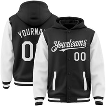 Laden Sie das Bild in den Galerie-Viewer, Uksn Individuelles Bomberjacke in Schwarz-Weiß mit Druckknopfleiste, Kapuze, Zweifarben-Design und Varsity-Letterman-Stil
