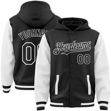 Laden Sie das Bild in den Galerie-Viewer, Uksn Individuelles Bomberjacke in Schwarz-Weiß mit Druckknopfleiste, Kapuze, Zweifarben-Design und Varsity-Letterman-Stil
