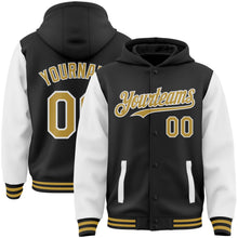 Laden Sie das Bild in den Galerie-Viewer, Uksn Individuelles Bomberjacke in Schwarz-Altgold-Weiß mit Druckknopfleiste, Kapuze, Zweifarben-Design und Varsity-Letterman-Stil
