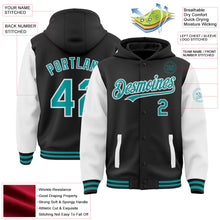Laden Sie das Bild in den Galerie-Viewer, Uksn Individuelles Bomberjacke in Schwarz-Petrol-Weiß mit Druckknopfleiste, Kapuze, Zweifarben-Design und Varsity-Letterman-Stil
