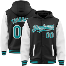 Laden Sie das Bild in den Galerie-Viewer, Uksn Individuelles Bomberjacke in Schwarz-Petrol-Weiß mit Druckknopfleiste, Kapuze, Zweifarben-Design und Varsity-Letterman-Stil
