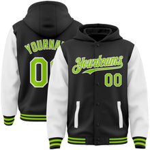 Laden Sie das Bild in den Galerie-Viewer, Uksn Individuelles Bomberjacke in Schwarz-Neongrün-Weiß mit Druckknopfleiste, Kapuze, Zweifarben-Design und Varsity-Letterman-Stil
