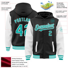 Laden Sie das Bild in den Galerie-Viewer, Uksn Individuelles Bomberjacke in Schwarz-Aqua-Weiß mit Druckknopfleiste, Kapuze, Zweifarben-Design und Varsity-Letterman-Stil
