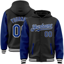Laden Sie das Bild in den Galerie-Viewer, Uksn Individuelles Bomberjacke in Schwarz-Royalblau-Weiß mit Druckknopfleiste, Kapuze, Zweifarben-Design und Varsity-Letterman-Stil
