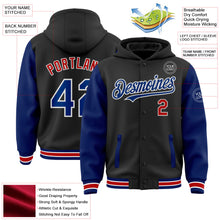 Laden Sie das Bild in den Galerie-Viewer, Uksn Individuelles Bomberjacke in Schwarz-Royalblau-Rot mit Druckknopfleiste, Kapuze, Zweifarben-Design und Varsity-Letterman-Stil
